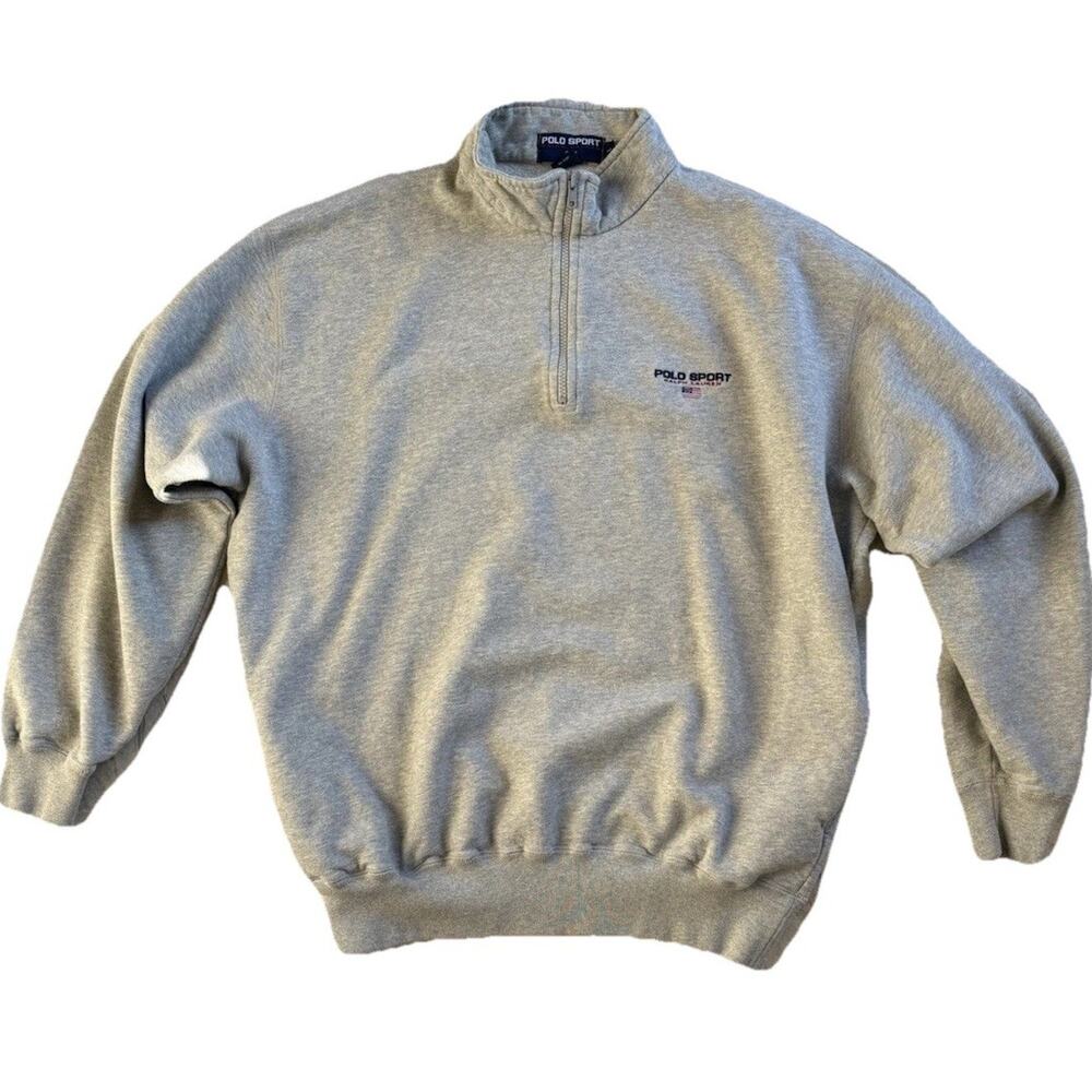 Vintage Polo Sport Ralph Lauren Sweatshirt Mens L Gray Quarter Zip Neck 90s Y2K